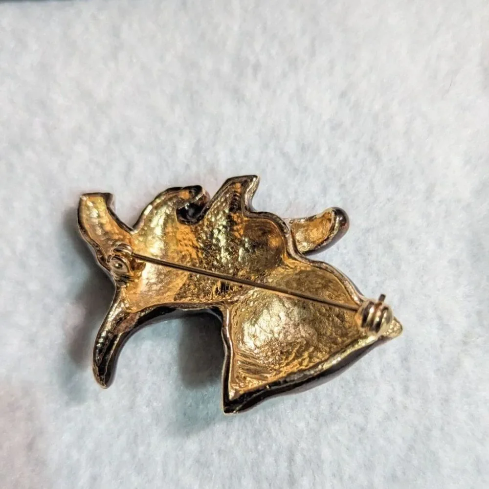 Vintage Brown Gold Glitter Enamel Kitten Cat Brooch Red Rhinestone Eyes Pin